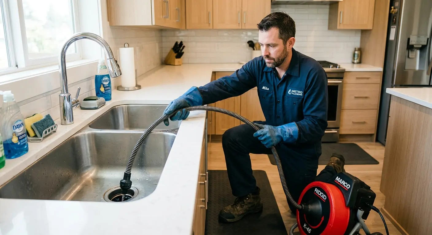 Drain cleaning technician using a motorized snake on a kitchen sink in Lexington
