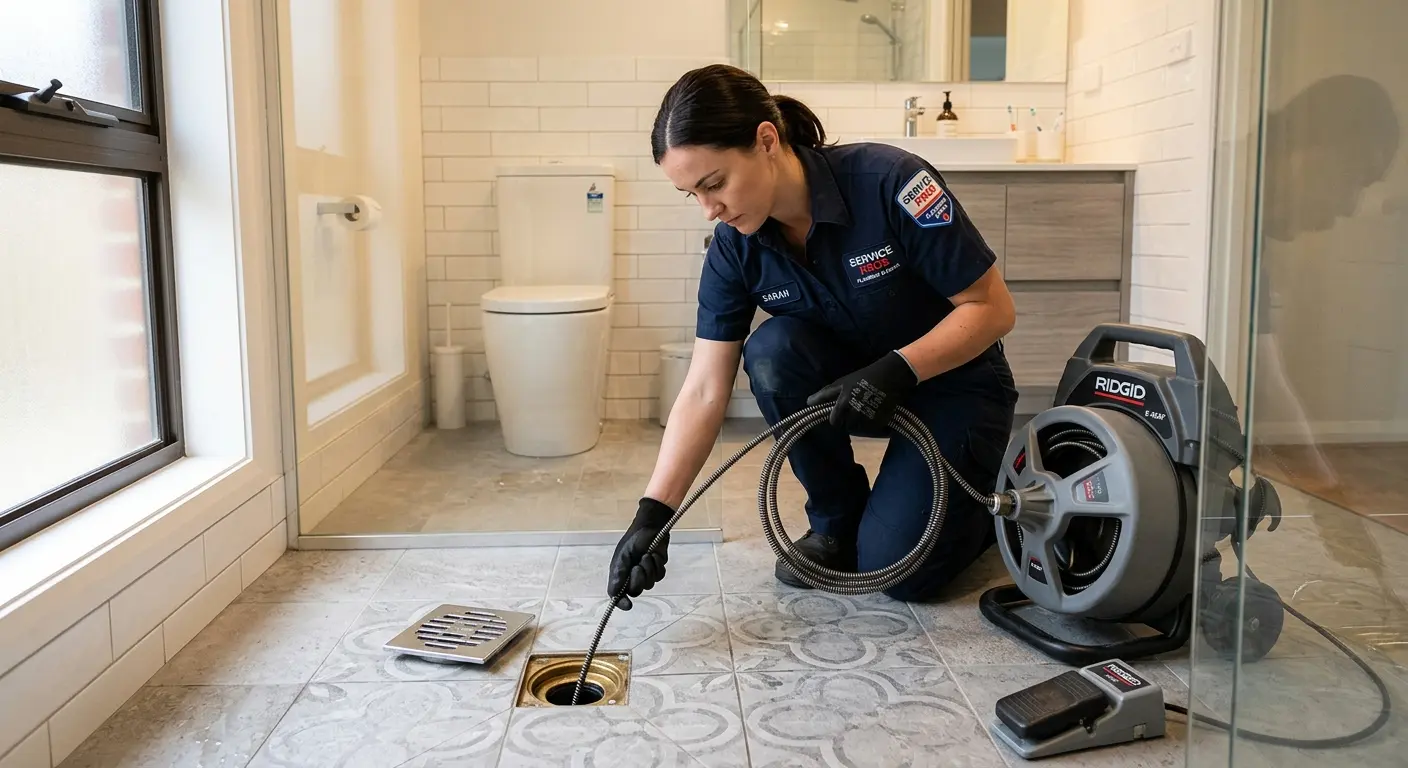 Technician clearing a bathroom floor drain for Sewer Line Installation in Lexington